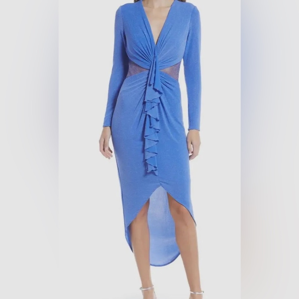 NWT SHO by Tadashi 
Metallic Jersey Long-Sleeve High-Low Dress
